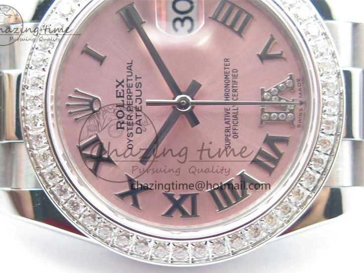 MiroTime 0402 Datejust 31mm 278275 SS Crystal Bezel BP Maker Best Edition Pink Roman Dial Crystal @6 on SS President Bracelet Contemporary 3082